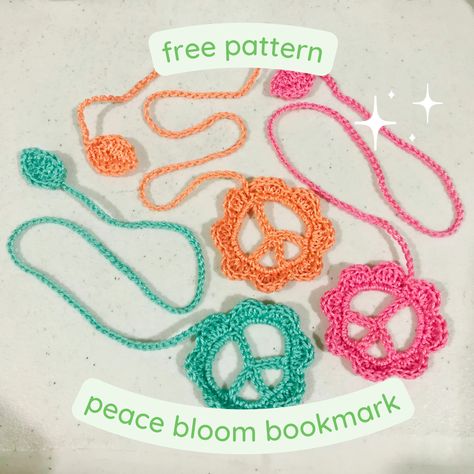 Peace + flower combo bookmark free crochet pattern! This can even be used as an all around accessory—necklace, bracelet, headband, etc. A quick project for your retro-themed parties for gifting or for your own use. Let peace bloom ☮️ Thank you @craftyemmi for the basis of the peace symbol pattern 💕 #freepattern #freecrochetpattern #retro #retroaesthetic #crochet #peaceflower" Peace Sign Crochet Pattern Free, Bookmark Crochet Pattern Free, Crochet Peace Sign, Hippie Crochet Patterns, Hippie Symbols, Crochet Bookmarks Free Patterns, Peace Flower, Bookmark Pattern, Crochet Bookmark Pattern