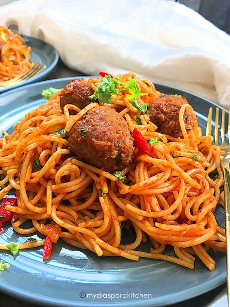 Jollof Spaghetti Recipe, African American Recipes, Jollof Spaghetti, Peas Fritters, Tomato Paste Uses, Recipes African, Kale Vegetable, Pea Fritters, Baked Cream Cheese Spaghetti