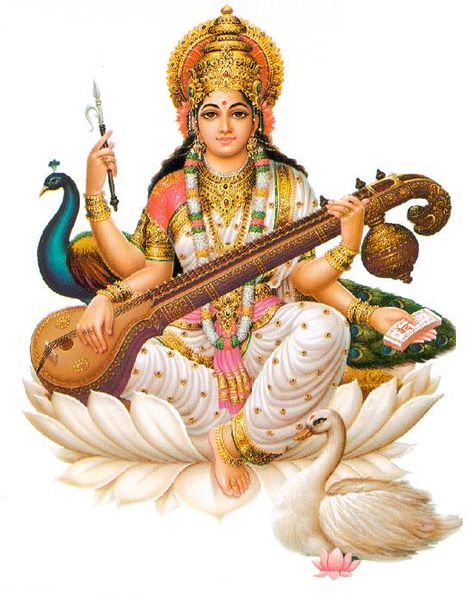 “Sarasvati’s themes are learning, wisdom and communication.  Her symbols are white flowers (especially Lotus), marigolds and swans. A Hindu Goddess of eloquence and intelligence, Sarasv… Saraswati Vandana, Saraswathi Devi, Saraswati Picture, Saraswati Mata, Mata Air, Saraswati Photo, Saraswati Devi, Art Sport, Saraswati Goddess