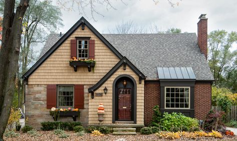 Professional Home Exterior Renovations: Before & After Ideas & Photos Best Front Door Colors, Michigan Cottage, Tan House, Shutter Colors, Best Front Doors, Bungalow Exterior, Cottages And Bungalows, Home Exterior Makeover, Storybook Cottage