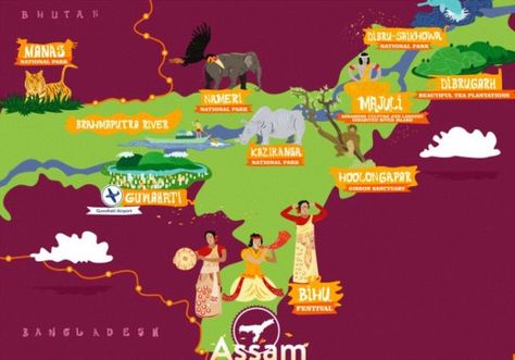 17 Interesting Facts About Assam | OhFact! Attractive Facts, Assam Culture Art, Culture Of India, India Poster, India Travel Places, Indian Illustration, Big River, Seven Sisters, Northeast India