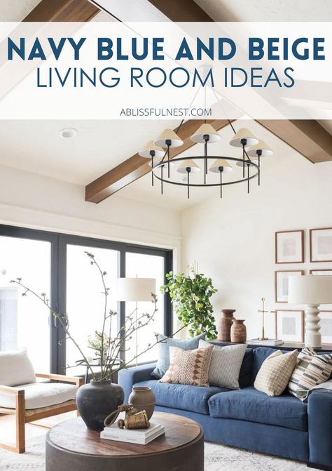 If you want a timeless color scheme for your living room, you can’t go wrong with navy blue and beige! These colors blend beautifully together, offering both warmth and a touch of elegance. Whether you mix in wooden furniture or modern decor, this combo creates a space that’s both stylish and cozy. Let's get decorating! #livingroomgoals #navyandbeigelivingroom #interiorgoals Blue Couch Rug Ideas, Blue Couch Rug, Blue And Beige Living Room, Beige And Blue Living Room, Navy Blue Couch, Navy Blue Couches, Beige Living Room Ideas, Scandinavian Living Room Ideas, Couch Rug