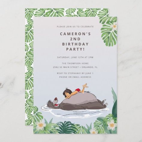 The Jungle Book Birthday Invitation Book Birthday Invitation, Greek Themed Party, Disney Baby Shower Invitations, Baby Shower Disney Theme, Jungle Book Birthday Party, Disney 1st Birthday, Disney Birthday Invitations, Jungle Book Birthday, First Birthday Template