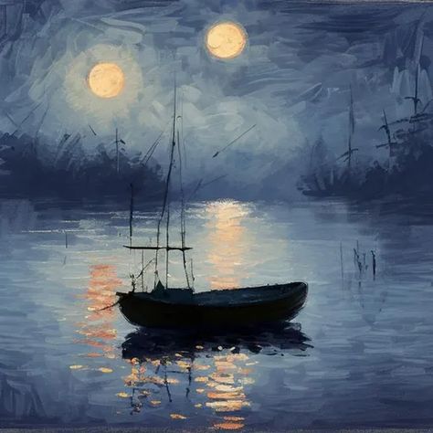 Impressionism oil painting of a small fishing boat i... | OpenArt Acrylic Painting Boat On Water, Boat In The Sea Painting, Boat In Ocean Painting, Boat On Stormy Sea Painting, Small Fishing Boats, Old Fishing Boats Paintings, Boat Paint, Full Moon Night, Small Boats