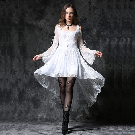 Who says goths always wear black!  From Rebels Market White Goth Dress, White Gothic Dress, Arwen Dress, Lace Gothic Dress, Spooky Shoot, Gothic Glamour, White Gothic, White Goth, Dark In Love