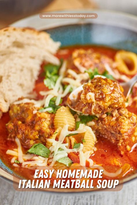 A closeup of a bowl of Easy Homemade Italian Meatball Soup Meatball Noodle Soup, Teriyaki Wings, Italian Meatball Soup, Homemade Italian Meatballs, Italian Style Meatballs, Meatball Soup Recipes, Italian Meatball, Tender Meatballs, Italian Tomato Sauce