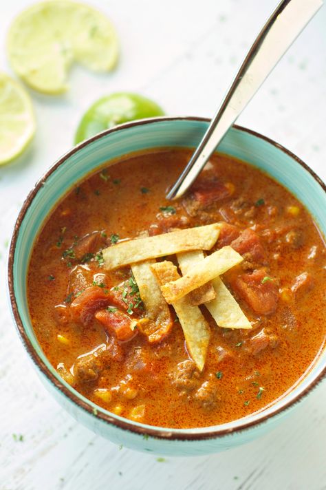 Slow Cooker Beef Enchilada Soup Enchilada Soup Crockpot, Beef Enchilada Soup, Panini Recipes Chicken, Enchilada Soup Recipe, Ground Beef Enchiladas, Beef Enchilada, Paleo Crockpot, Enchilada Soup, Crockpot Recipes Beef