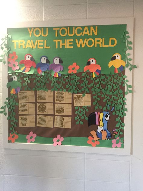 Study abroad bulletin board. Brazil Bulletin Board Ideas, Parrot Bulletin Board Ideas, Study Abroad Bulletin Board, Hispanic Heritage Month Bulletin Board, Tropical Classroom, Library Bulletin Board, Ra Boards, Preschool Bulletin, Res Life