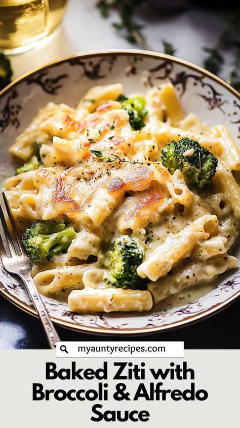 This Cheesy Baked Ziti combines broccoli and a creamy Alfredo sauce for an irresistible meal. Perfect for pasta lovers, it’s an easy, delicious way to get a cozy dinner on the table. Alfredo Ziti Bake, Creamy Baked Ziti With Cream Cheese, Alfredo Baked Pasta, Ziti Alfredo, Broccoli Alfredo Sauce, Cheesy Baked Ziti, Alfredo With Broccoli, Vegetarian Alfredo, Pasta Bake Easy