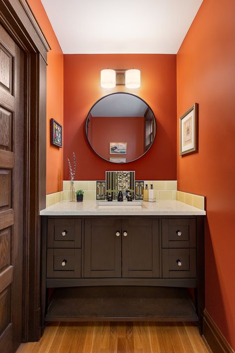 Ann Arbor Craftsman Home Renovation - Craftsman - Powder Room - Detroit - by Studio Z Architecture | Houzz Orange Black Bathroom, Orange And Black Bathroom, Craftsman Powder Room, Bathroom With Beige Tile, Orange Bathroom Walls, Burnt Orange Bathroom, Crown Point Cabinetry, Small Downstairs Toilet, Craftsman Homes