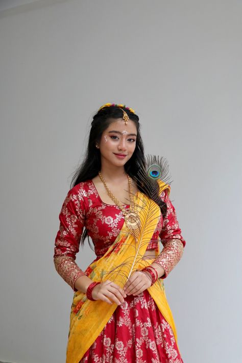 #radha radhakrishna #krishnajanmastami #aesthetic makeup #desi #hairstyle #lehenga Radha Dressing For Girl, Radha Rani Look For Women, Radha Dress For Women, Radha Hairstyle, Radha Look For Women, Radha Outfit, Radha Rani Look, Radha Makeup Look, Radha Rani Dress