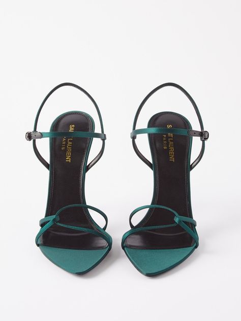 Green Clara 110 satin sandals | Saint Laurent | MATCHESFASHION US Saint Laurent Heels, Flipagram Instagram, Satin Sandals, Dr Shoes, Fashion Shoes Heels, Fancy Shoes, Cute Heels, Girly Shoes, Carrie Bradshaw