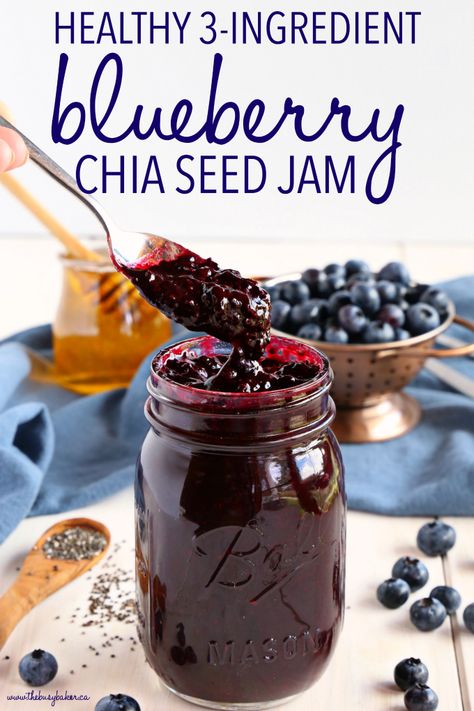 This Healthy 3-Ingredient Chia Seed Blueberry Jam is a great healthy alternative to conventional jam! It's made with 3 healthy, natural, whole-food ingredients and it's quick and easy to make! Recipe from thebusybaker.ca! #chiaseedjam #chiaseed #blueberry #jam #homemade #easyrecipe #recipevideo #canning #preserving Blueberry Chia Seed Jam, Ella Vegan, Jam Homemade, Chia Seed Jam, Chia Seed Recipes, Chia Jam, Jam And Jelly, Blueberry Jam, Jelly Recipes