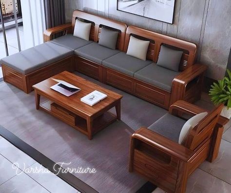 Latest Wooden Sofa Set Designs, Sofa Design Living Rooms Indian, House Beautiful Living Rooms, Wooden Bedroom Furniture Sets, Tv Room Decor, Pooja Door, Furniture Sets Design, Latest Sofa, Wooden Wardrobe Design