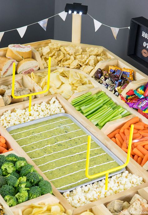 How to Make an Epic Reusable Wooden Snack Stadium – Nifty Mom Football Field Food, Football Field Charcuterie Board, Football Field Food Display, Football Party Aesthetic, Football Stadium Charcuterie Board, Football Stadium Food, Football Party Food Appetizers, Super Bowl Snack Stadium, Snack Stadium