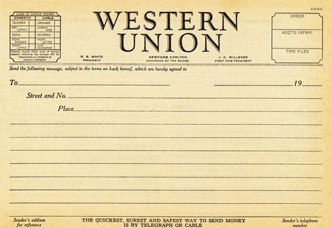 https://flic.kr/p/9iXmzw | 1930s Western Union telegram blank | Fill-in-the-blank telegram from a book printed between 1933 and 1941. Papel Vintage, Free Vintage Printables, Old Cards, Postcard Template, Vintage Junk Journal, Images Vintage, Cards Birthday, Car Accessory, Western Union