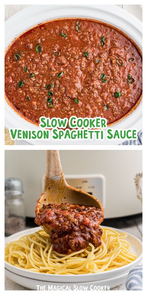 This Slow Cooker Venison Spaghetti Sauce is made with all the classic ingredients of traditional homemade spaghetti sauce with the exception of adding ground venison and shredded carrots. Pair this delicious recipe for meat sauce with spaghetti noodles and a side of garlic bread for a tasty meal the whole family will enjoy. - The Magical Slow Cooker Venison Spaghetti, Venison Recipes Crockpot, Slow Cooker Venison, Elk Recipes, Magical Slow Cooker, Crockpot Spaghetti, Italian Seasonings, Ground Venison, Crock Pot Food