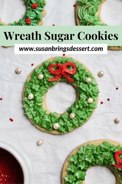 This no-chill sugar cookie recipe is perfect for making Christmas cookies. Pictures in this tutorial show you how to bake these wreath cookies and decorate them with homemade buttercream. Wreath Sugar Cookies, Christmas Buttercream, Sugar Cookie Recipe No Chill, Christmas Sweets Recipes, Green Buttercream, Christmas Wreath Cookies, Buttercream Cookies, Easy Holiday Cookies, Traditional Christmas Cookies