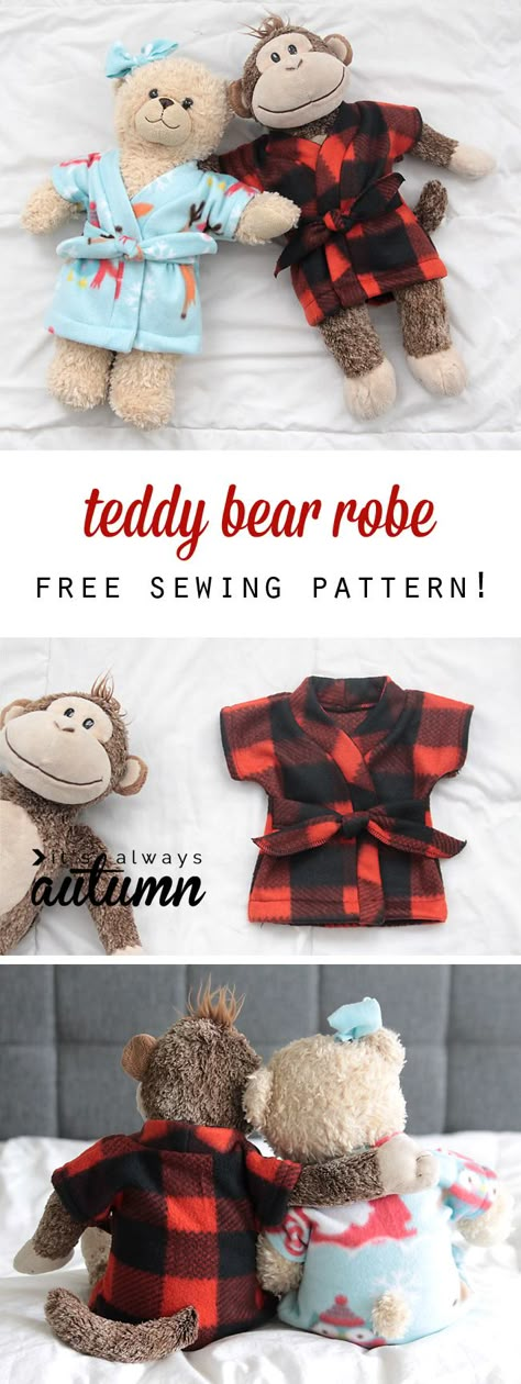 This is adorable! I'm going to make some for Christmas. Free stuffed animal or teddy bear robe pattern and easy to follow sewing tutorial. How to make a DIY robe for a toy. Perlengkapan Bayi Diy, Build A Bear Clothes, Sewing Animals, Little Dorrit, Animals Crafts, Trendy Sewing Projects, Trendy Sewing Patterns, Bear Clothes, Teddy Bear Clothes