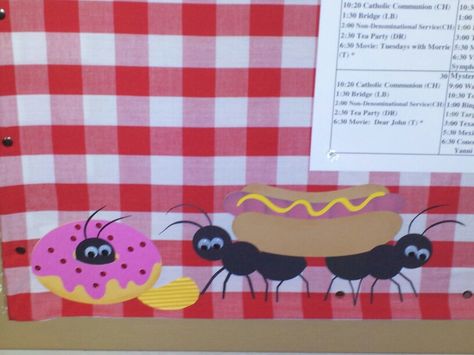 Picnic calendar board,  ants, food, cricut fast food cartridge Bbq Bulletin Board Ideas, Picnic Classroom Decor, Ant Bulletin Board Ideas, Picnic Bulletin Board Ideas, Picnic Bulletin Boards, Bank Humor, Preschool Picnic, Church Bulletin Board Ideas, Summer Crafts For Toddlers