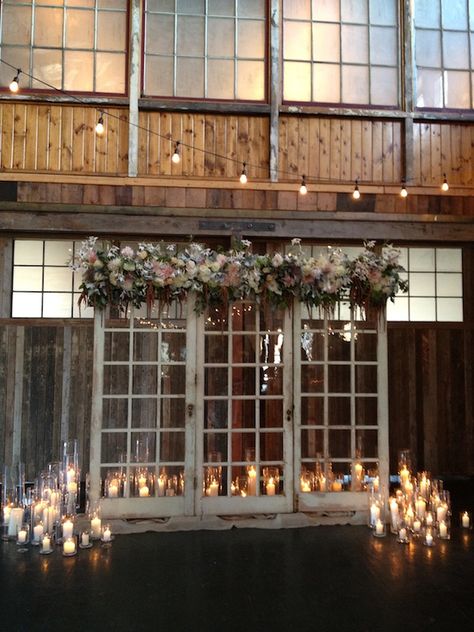 Very tall French Doors- 21 panes of old windows Vintage Window Wedding Decor, Old Window Wedding Decor, Rustic Window Frame Decor, Barn Makeover, Wet Wedding, Door Backdrops, Wedding Alters, Country Ideas, Wedding Doors