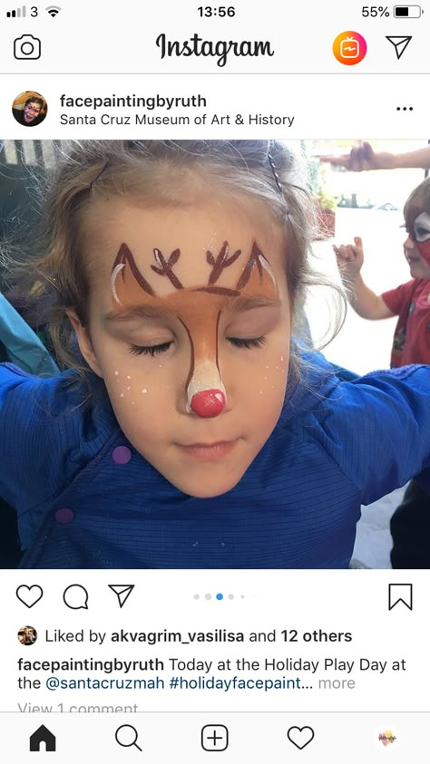 Christmas Face Painting Reindeer, Xmas Face Painting Kids, Easy Christmas Face Painting Ideas, Rudolph Face Paint, Christmas Face Painting For Kids, Reindeer Face Paint, Christmas Face Painting, Reindeer Face, Winter Face