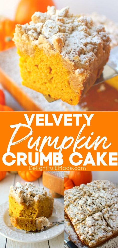 Velvety Pumpkin Crumb Cake - The BEST Fall Crumb Cake Recipe! Velvet Crumb Cake, Pumpkin Crumb Cake, Crumb Cakes, Thanksgiving Morning, Crumb Cake Recipe, Cinnamon Crumble, Pumpkin Coffee Cakes, Cake Mug, Pumpkin Coffee