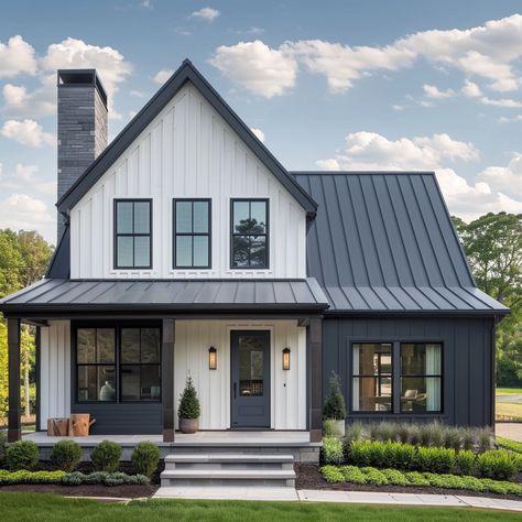 The Ultimate Color Guide for a Modern Farmhouse Metal Roof Houses Color Combos Farmhouse, Two Tone House Exterior, Black Modern Farmhouse Exterior, Exterior Farmhouse Colors, Black And White Exterior House, Modern Farmhouse Color Palette, Farmhouse Color Palette, Farmhouse Color Scheme, Farmhouse Style Exterior