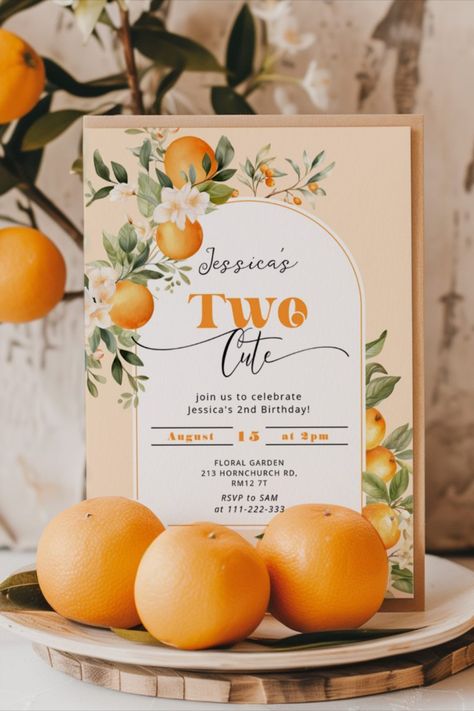 Little cutie Two cute 2nd birthday party Invitation! #birthday #happybirthday #birthdaycards #birthdayparty #2ndbirthday #orange Orange Birthday, 3rd Birthday Party, 2nd Birthday Party, 2nd Birthday Invitations, Simple Birthday, Girl 2nd Birthday, Birthday Themes, Birthday Invitations Kids, 3rd Birthday Parties