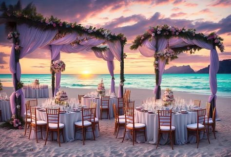 A wedding on the beach with a sunset in ... | Premium Photo #Freepik #photo #wedding-dinner #wedding-event #wedding-venue #banquet Wedding Anime, Sunset Beach Weddings, Ocean Drawing, Wedding On The Beach, Dream Wedding Venues, Sunset Background, Destination Wedding Venues, Dinner Wedding, Wedding Dinner