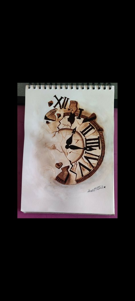 #coffeepainting
Follow me on instagram for more
My id is @passion._.art Broken Clock Sketch, Time Travel Art, Time Based Art, Clock Drawing, Broken Clock, Coffee Art Painting, Clock Drawings, Creative Sketchbook, Journal Therapy