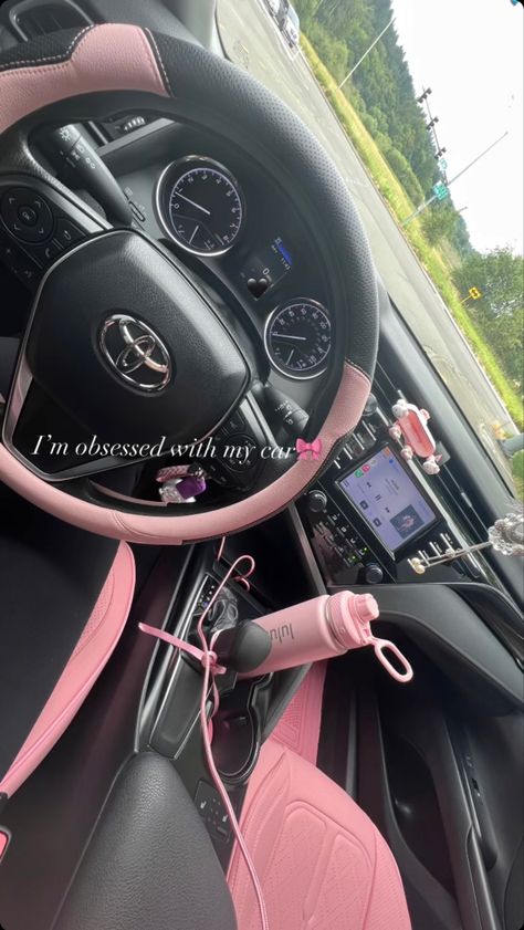 Pink Sparkly Car Interior, Car Interiors Aesthetic, Inside Car Interior, Black Car With Pink Details, First Car Interior, Cute Girly Car Interior, White Car With Pink Interior, Car Pink Accessories, Girly 4runner