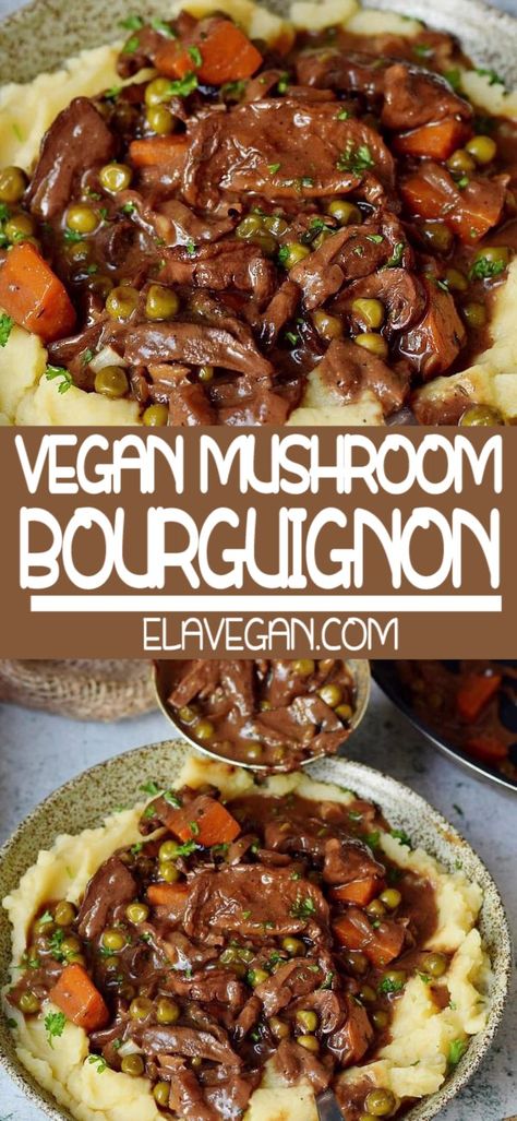 Vegan Mushroom Bourguignon, Mushroom Bourguignon, Veggie Main Dishes, Healthy Vegan Dinner Recipes, Vegan Beef, Healthy Vegan Dinner, Vegan Mushroom, Vegetarian Dish, Vegetarian Menu