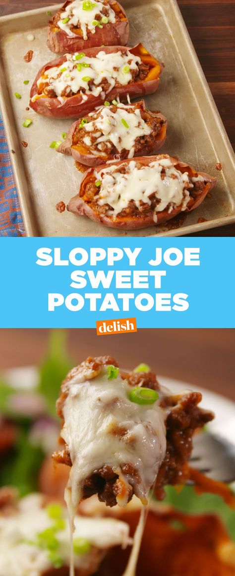 Sloppy Joe Sweet PotatoesDelish Hamburger And Sweet Potato Recipes, Hamburger Sweet Potato Recipes, Ground Beef And Sweet Potato Recipes, Recipes Hamburger, Super Recipes, Hamburger Casserole, Hamburger Recipes, Sloppy Joe, Potato Recipe