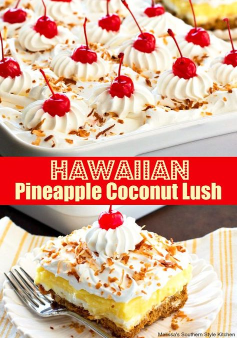 Hawaiian Pineapple Coconut Lush Hawaiian Potluck, Coconut Lush, Hawaiian Kitchen, Lush Desserts, Desserts Fancy, Lush Cake, Lush Dessert, Lush Recipes, Southern Style Kitchen