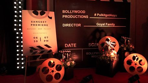 Bollywood theme sangeet welcome sigange ides Bollywood Theme Photo Booth, Bollywood Theme Sangeet Decor, Bollywood Backdrop, Bollywood Theme Decor Ideas, Bollywood Theme Sangeet, Bollywood Theme Decor, Retro Bollywood Theme, Sangeet Ideas, Bollywood Night