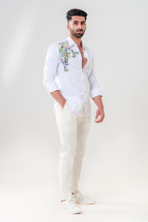 Buy Amrit Dawani White Cotton Leapard Motif Hand Painted Shirt Online | Aza Fashions Hand Painted Shirts For Men, Casual Shirt Look, Embroidery Shirt Men, Painted Shirt, Boys Kurta Design, Formal Dresses For Men, Groom Shirts, Indian Men Fashion, Paint Shirts