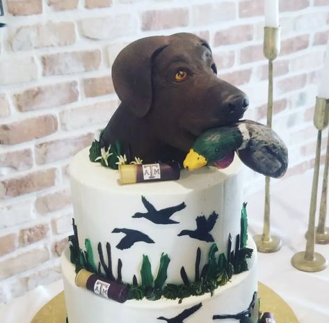 Grooms Cake With Dog, Dog Grooms Cake, Black Lab Cake Ideas, Black Lab Wedding Cake, Groomsmen Cake Ideas, Hunting Grooms Cake, Groom Cake, Grooms Cake Hunting And Fishing, Grooms Cake Ideas Duck Hunting