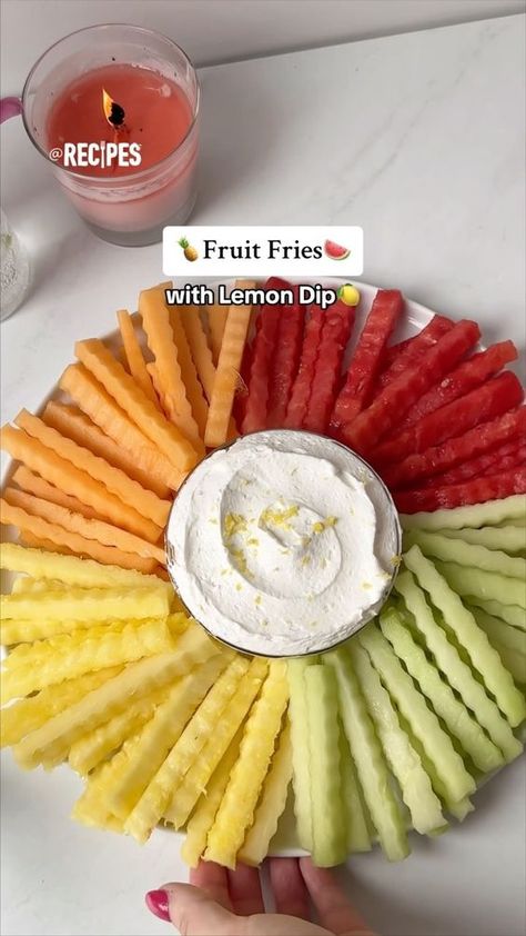 Add a pop of color to your day with these Fruit Fries with Lemon Dip!🍉🍋 It’s the cutest way to serve your fruit!😍 Tag a friend that loves… | Instagram Birthday Party Treats For School, Cute Fruit And Veggie Trays, Fruits That Last The Longest, Fruit Fries Dip, Healthy Colorful Food, Twotti Frutti Party Food, Friend Game Night Food, Summer Recipes Appetizers, Quick Snack Recipes Appetizers