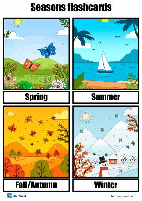 36 Free printable seasons flashcards (PDF) - ESL Vault Seasons Of The Year Printables, Seasons Flashcards, Weather Printables, Preschool Poems, Seasons Preschool, Seasons Lessons, Seasons Poster, Brainstorming Activities, Seasons Worksheets