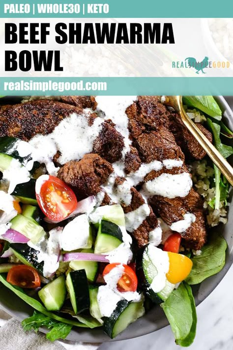 Keto Gyro Bowl, Spinach Cauliflower Rice, Shawarma Bowl, Spinach Cauliflower, Beef Shawarma, Keto Beef, Whole30 Keto, Paleo Beef, Quick And Easy Dinner