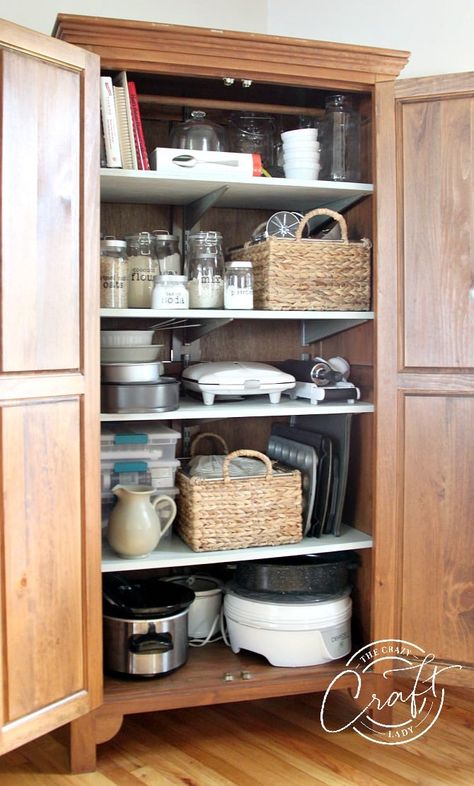 Organized Baking Supplies in an antique wardrobe Bakers Pantry, Armoire Pantry, Wardrobe Pantry, Kitchen Armoire, Freestanding Kitchen Storage, Antique Pantry, Cottage House Interior, Baking Storage, Unfitted Kitchen