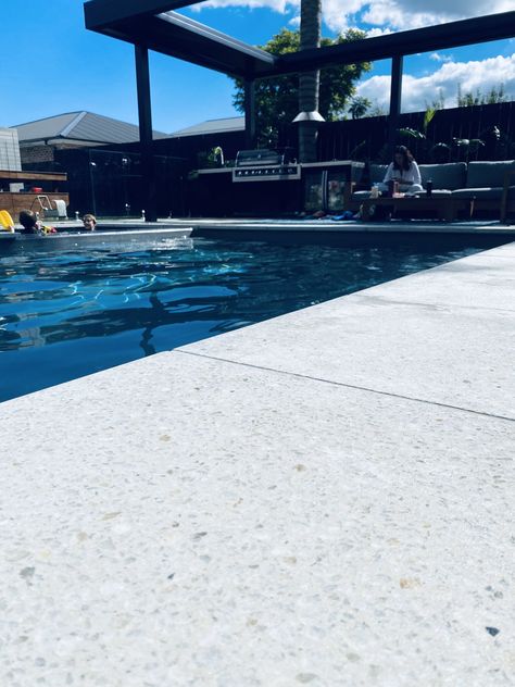 Can you use our Terrazzo pavers and copings for a salt water pool? — GIACON TERRAZZO Terrazzo Pool Tiles, Terrazzo Pool Deck, Terrazzo Pool, Pool Paving Ideas, Cocktail Pool, Pool Paving, Deck Piscina, Salt Water Pool, Pool Pavers