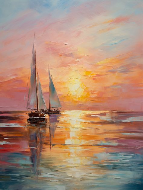 Acrylic Painting Boat On Water, Beginner Oil Painting Ideas, Poster Painting Ideas, Sunset Ocean Painting, Boat Painting Acrylic, Piskel Art, Sailing Art, Sailboat Art, Artist Watercolor