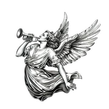 angel,blowing,trumpet,horn,heaven,afterlife,wings,traditional,tattoo,ink,scroll,banner,design,style,retro,vintage,art,drawing,icons,black,lines,linework,sign,old,symbol,tee,club,t shirt,eps Wings Traditional Tattoo, Black Line Work Tattoo, Trumpet Drawing, Angel Blowing Trumpet, Trumpet Tattoo, Trumpet Angel, Drawing Icons, Scroll Banner, Christmas Window Painting