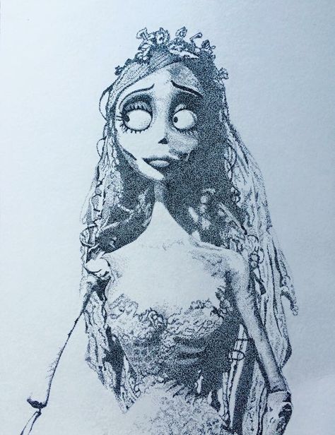 TIM BURTON - CORPSE BRIDE - ILLUSTRATION - PEN - POINTILLISM - DRAWING Tim Burton Art Drawings, Tim Burton Flowers, Corpse Bride Illustration, Tim Burton Illustration, Corpse Bride Sketch, Tim Burton Sketches, Corpse Bride Drawing, Tim Burton Drawings Style, Tim Burton Artwork