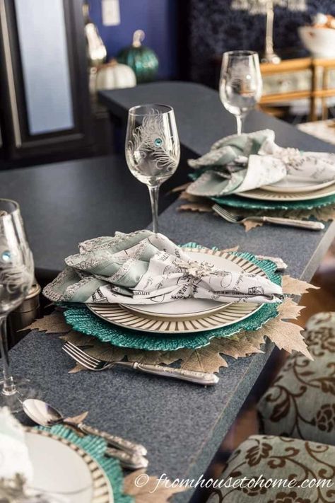 Teal and Copper Fall Room Decor Ideas | Tablescapes Teal Table Setting, Fall Room Decor Ideas, Teal And Copper, Copper Fall, Pretty Wine, Spring Table Settings, Fall Room, Fall Room Decor, Sewing Room Storage