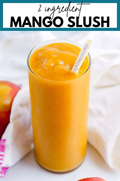 This mango slush is an easy, healthy recipe that's a fresh and tasty way to keep cool on hot summer days. It's family-friendly (makes a great healthy kid snack!), but can also be adapted for a 21+ drink for the grown ups. And with just two main ingredients, this mango slushy could not be easier! Mango Slushie Recipe, Blended Fruit Drinks, Mango Slush, Slushie Recipes, Homemade Slushies, Slushy Drinks, Slush Recipes, Mango Smoothie Recipes, Fruit Slush