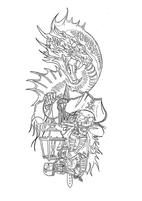 Pirate Tattoo Sketch, Sketches Dragon, Pirate Tattoo Sleeve, Half Sleeve Tattoo Template, Tattoos Sketches, Half Sleeve Tattoos Sketches, Traditional Tattoo Drawings, Pirate Ship Tattoo, Half Sleeve Tattoo Stencils