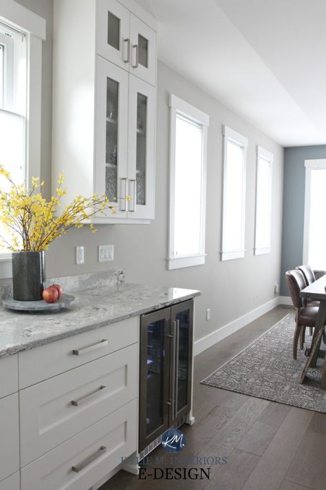 Paint Colour Review: Sherwin Williams Colonnade Gray (lightened by 25% in this photo) Sherwin Williams Colonnade Gray, North Facing Kitchen, Sherwin Williams Collonade Gray, Alabaster Cabinets, Cambria Summerhill, Collonade Gray, Colonnade Gray, Reno House, Flat Renovation